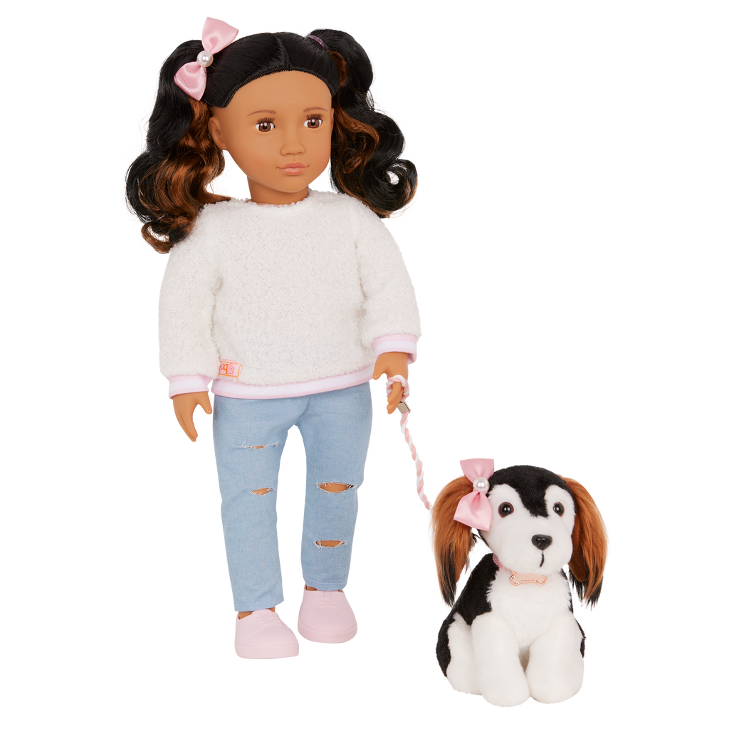 Our Generation Nastassia & Angel playset with a 6 inch pup and 18 inch doll with black hair and brown eyes