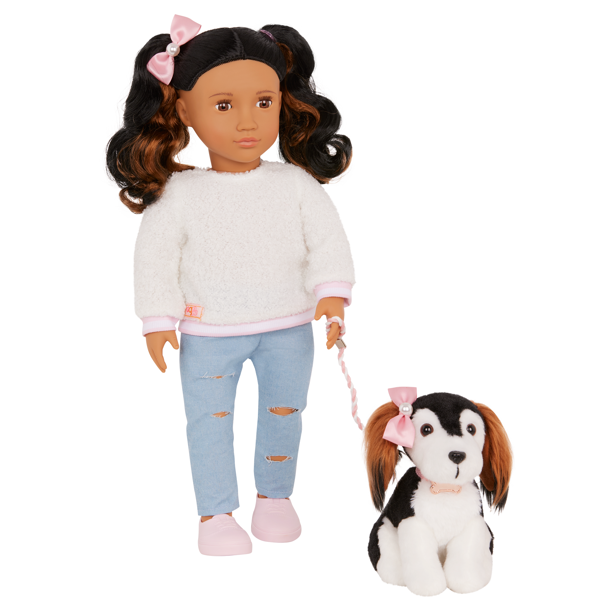Our Generation Nastassia & Angel playset with a 6 inch pup and 18 inch doll with black hair and brown eyes