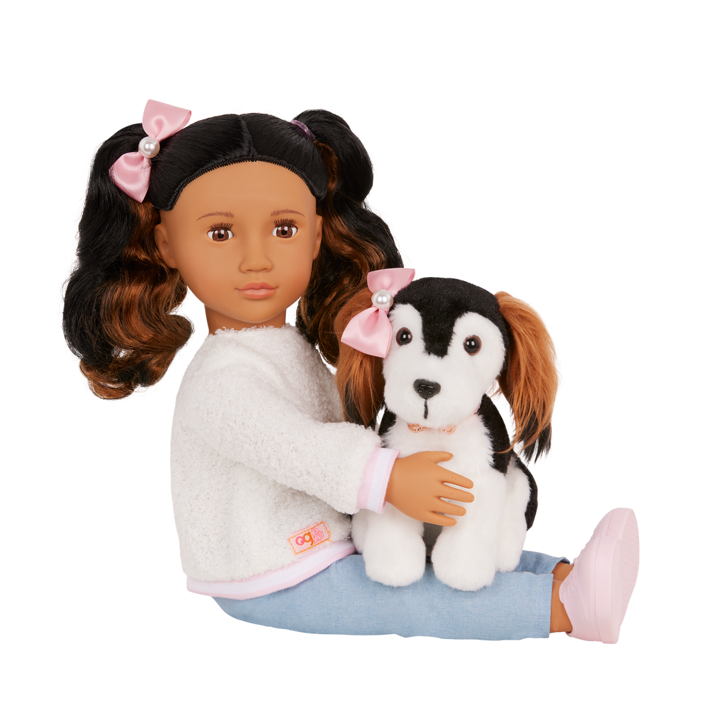 Our Generation Nastassia & Angel playset with a 6 inch pup and 18 inch doll with black hair and brown eyes