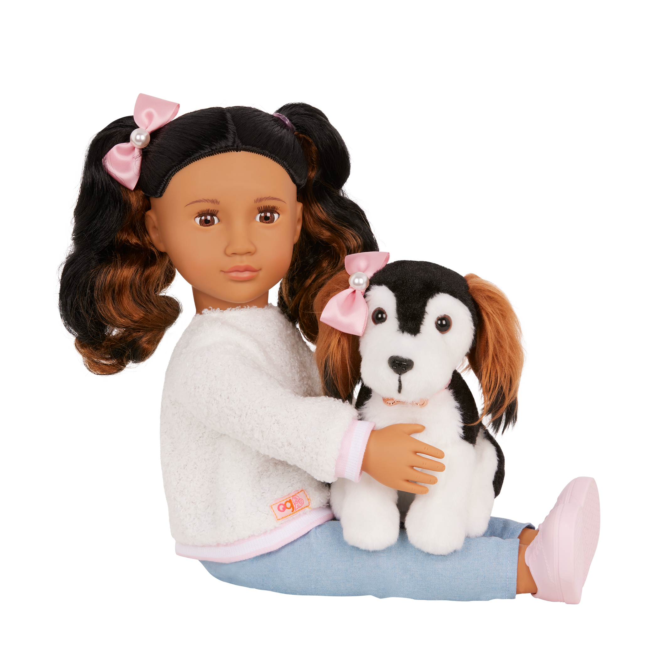 Our Generation Nastassia & Angel playset with a 6 inch pup and 18 inch doll with black hair and brown eyes