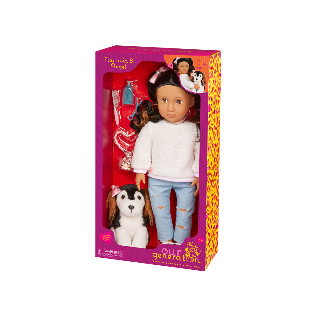 Our Generation Nastassia & Angel playset with a 6 inch pup and 18 inch doll with black hair and brown eyes package