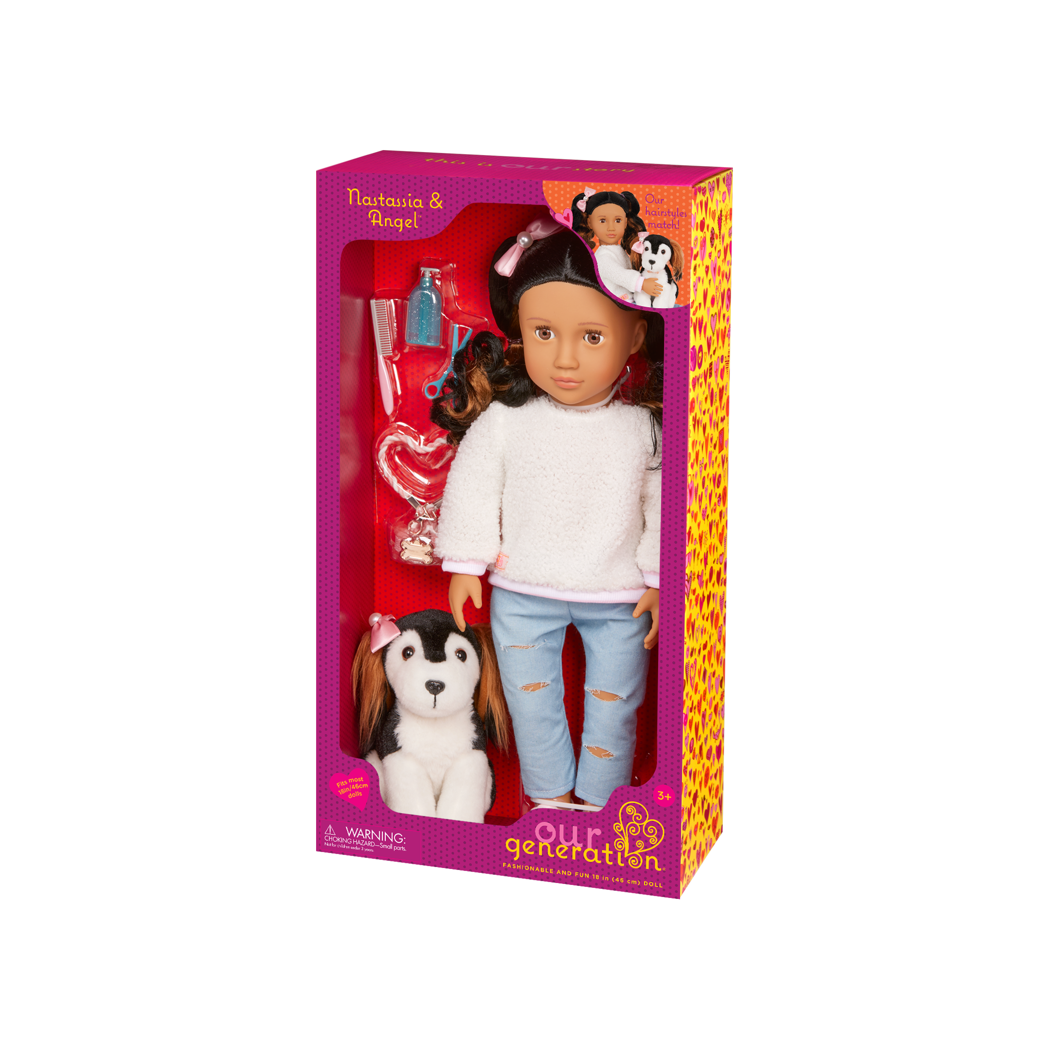 Our Generation Nastassia & Angel playset with a 6 inch pup and 18 inch doll with black hair and brown eyes package