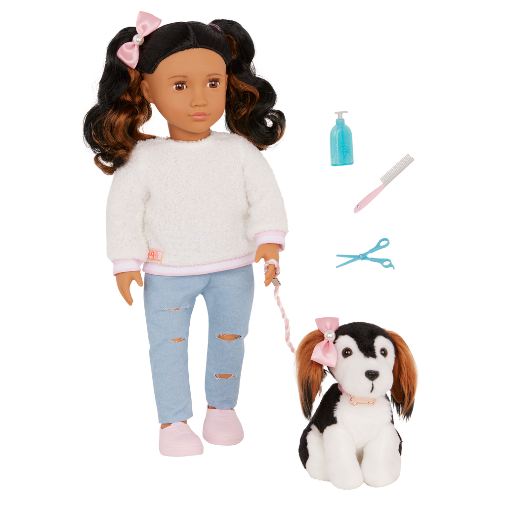 Our Generation Nastassia & Angel playset with a 6 inch pup and 18 inch doll with black hair and brown eyes