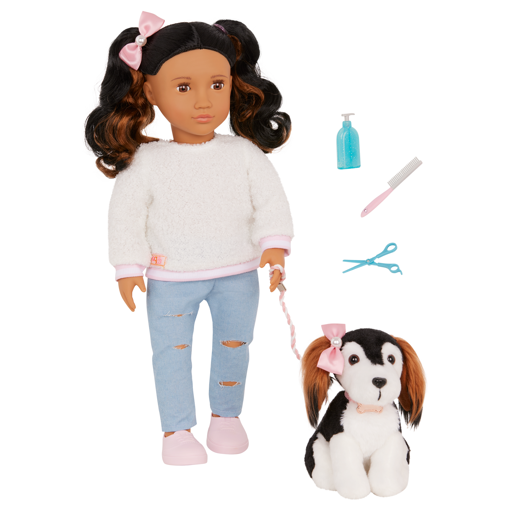 Our Generation Nastassia & Angel playset with a 6 inch pup and 18 inch doll with black hair and brown eyes