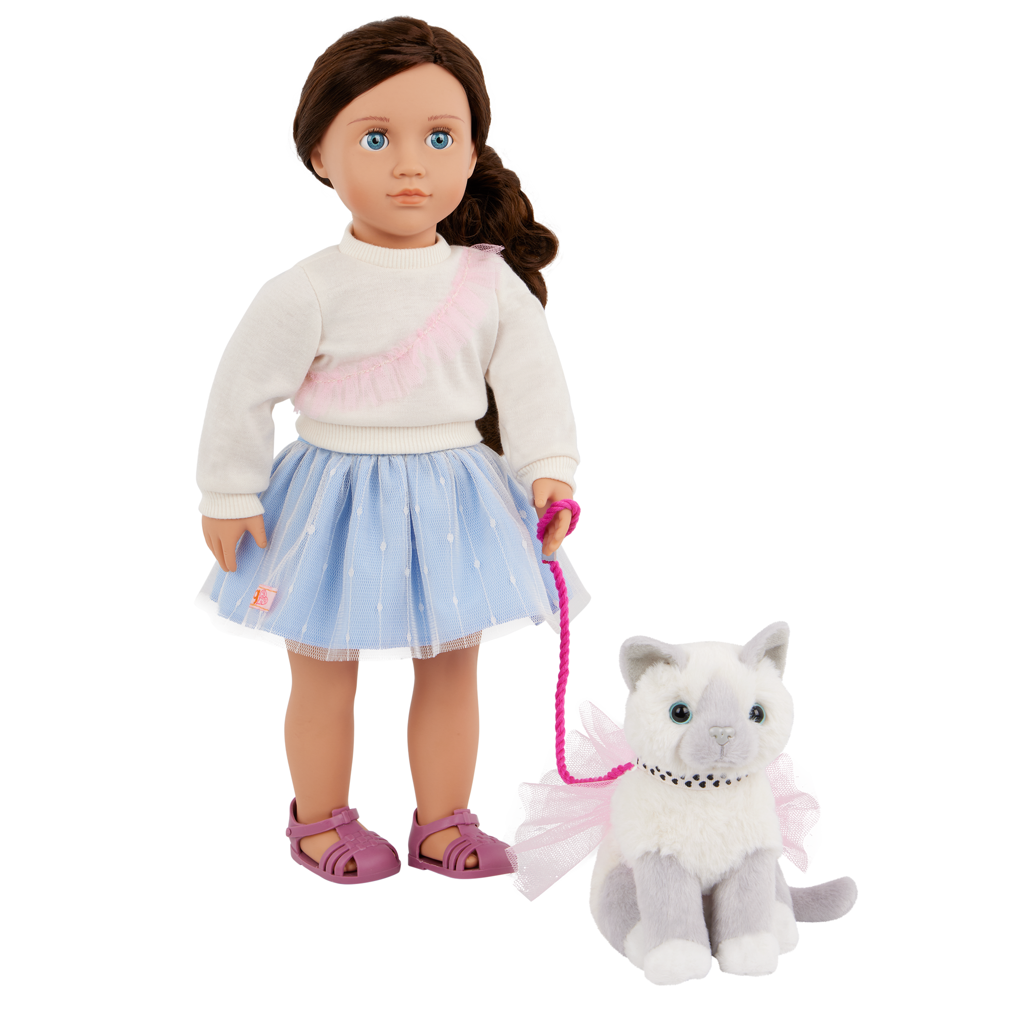 Our Generation 18" Doll Mindy, her Pet Cat Pepper and cat accessories