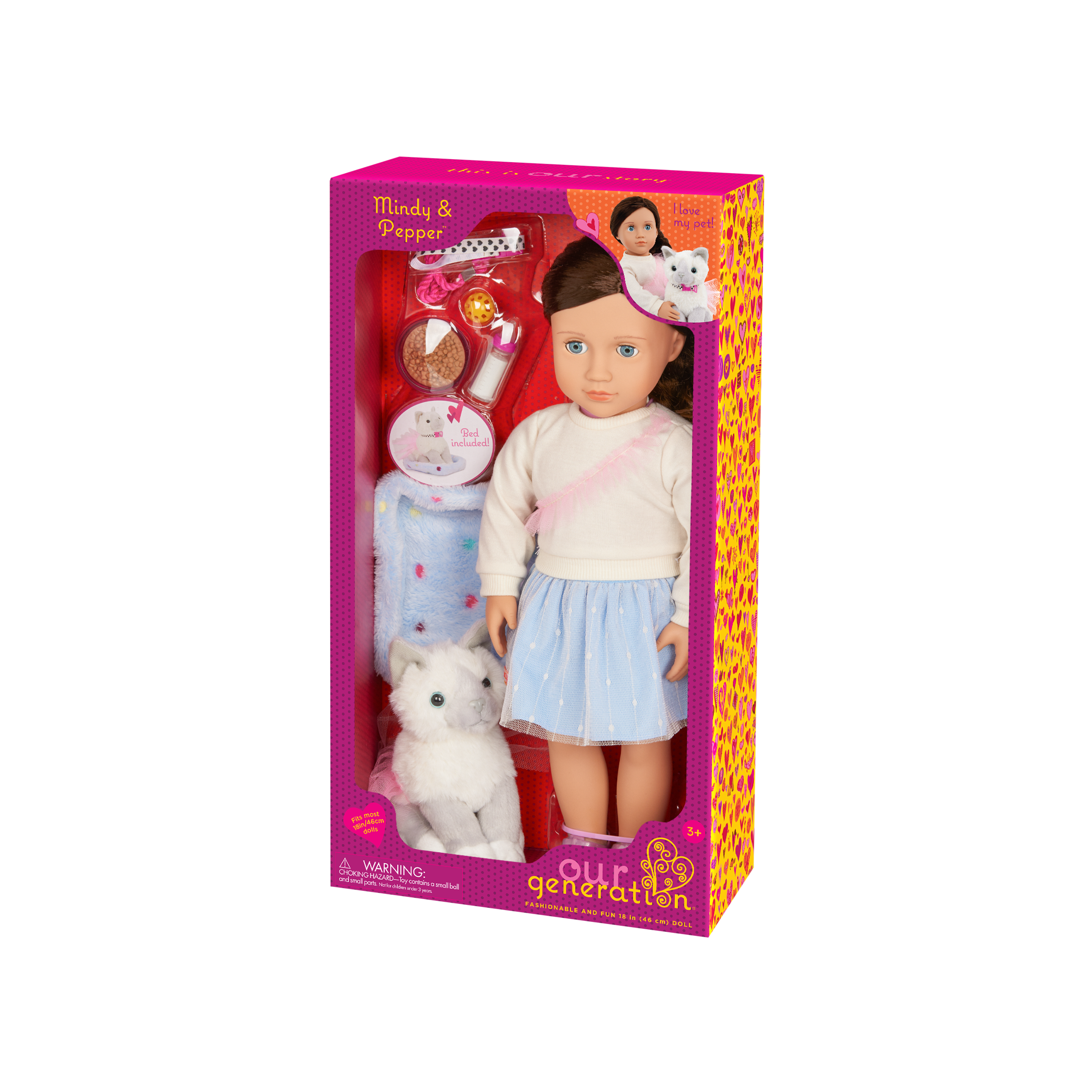 Our Generation 18" Doll Mindy, her Pet Cat Pepper and cat accessories