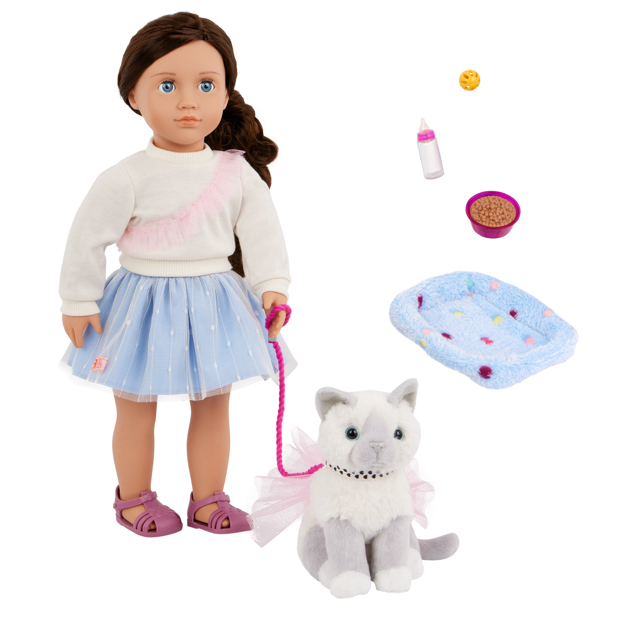 Our Generation 18" Doll Mindy, her Pet Cat Pepper and cat accessories