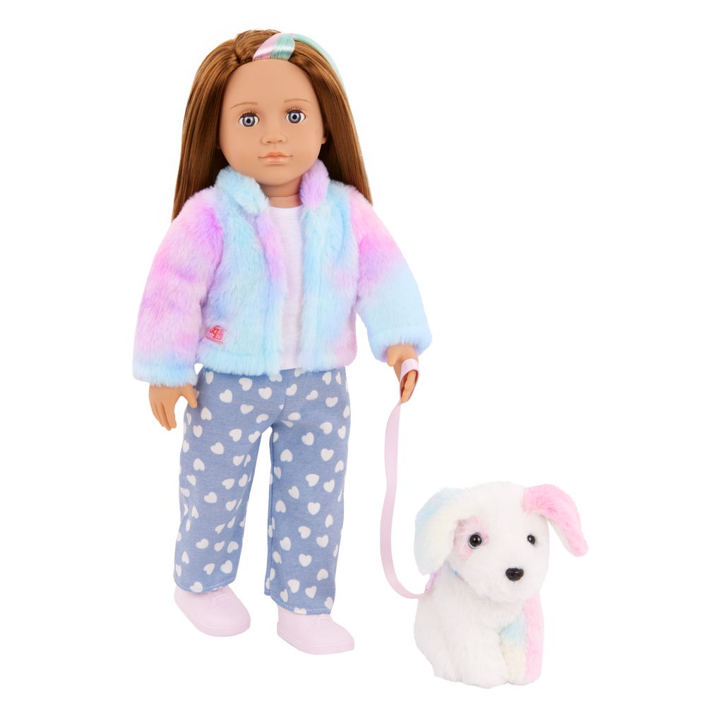 Our Generation Skylar & Bow playset with a 6 inch white pup and 18 inch doll with brown hair and violet eyes