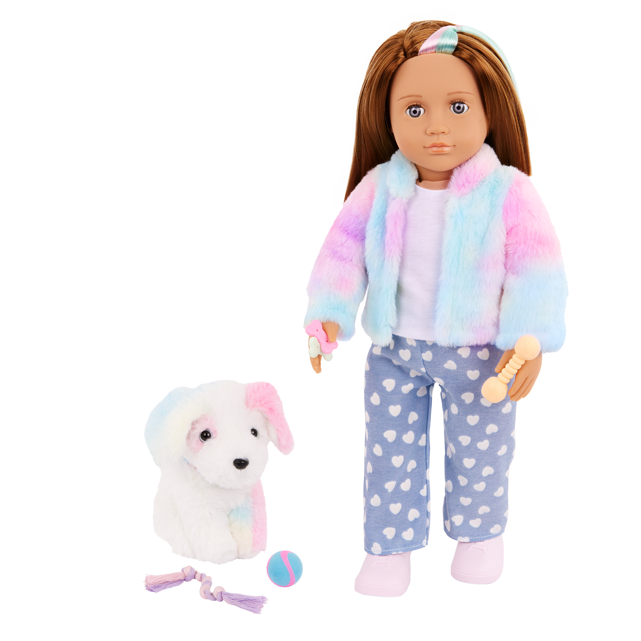 Our Generation Skylar & Bow playset with a 6 inch white pup and 18 inch doll with brown hair and violet eyes