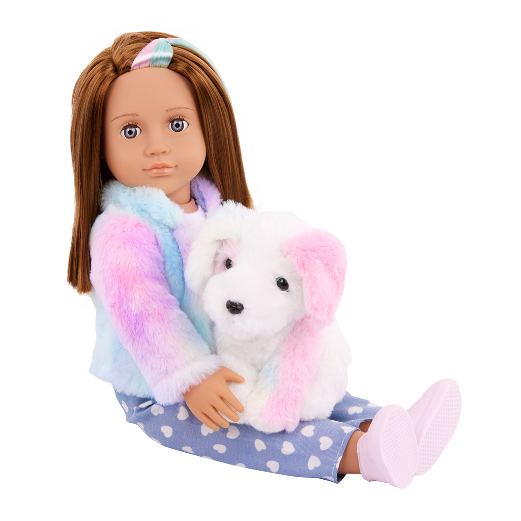Our Generation Skylar & Bow playset with a 6 inch white pup and 18 inch doll with brown hair and violet eyes