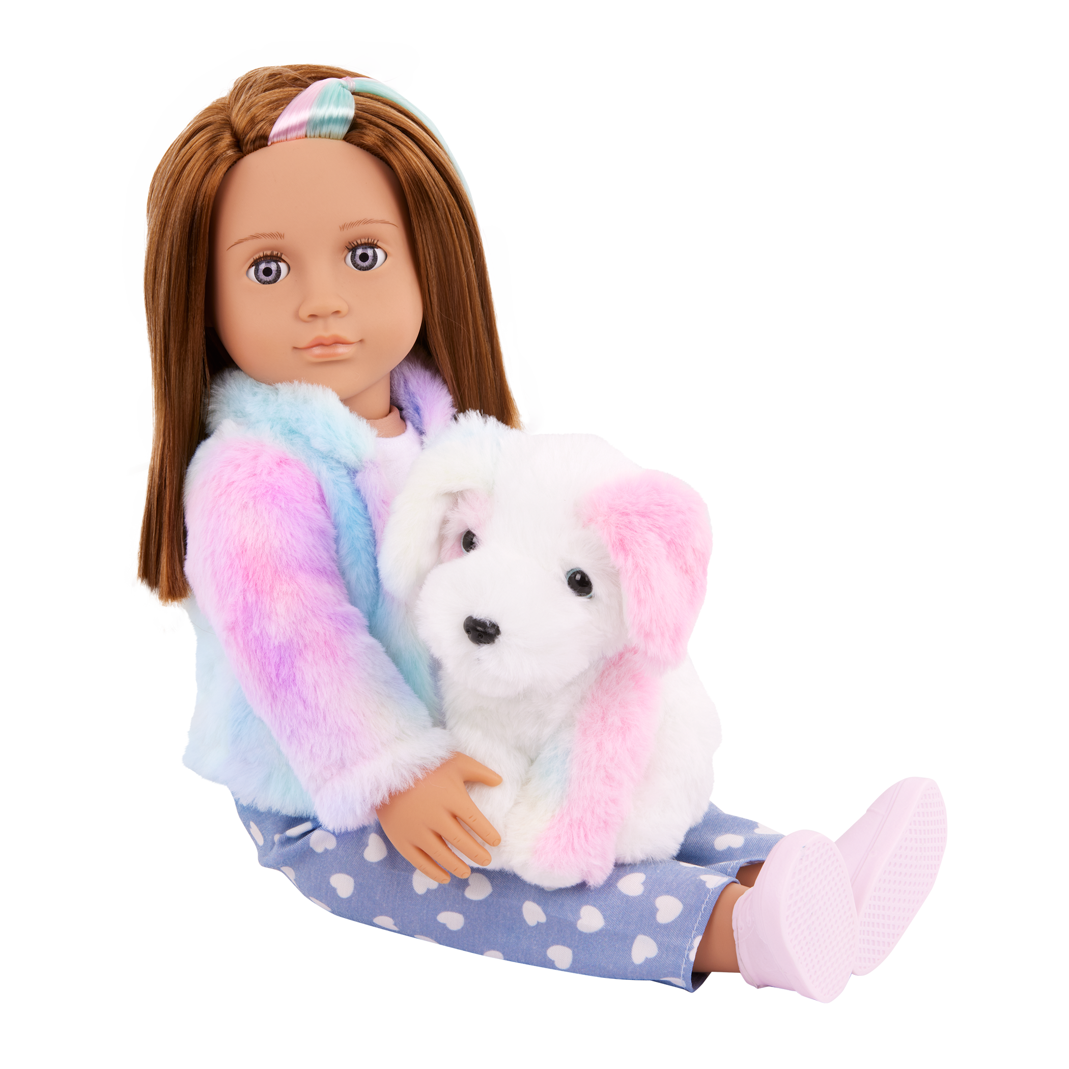 Our Generation Skylar & Bow playset with a 6 inch white pup and 18 inch doll with brown hair and violet eyes