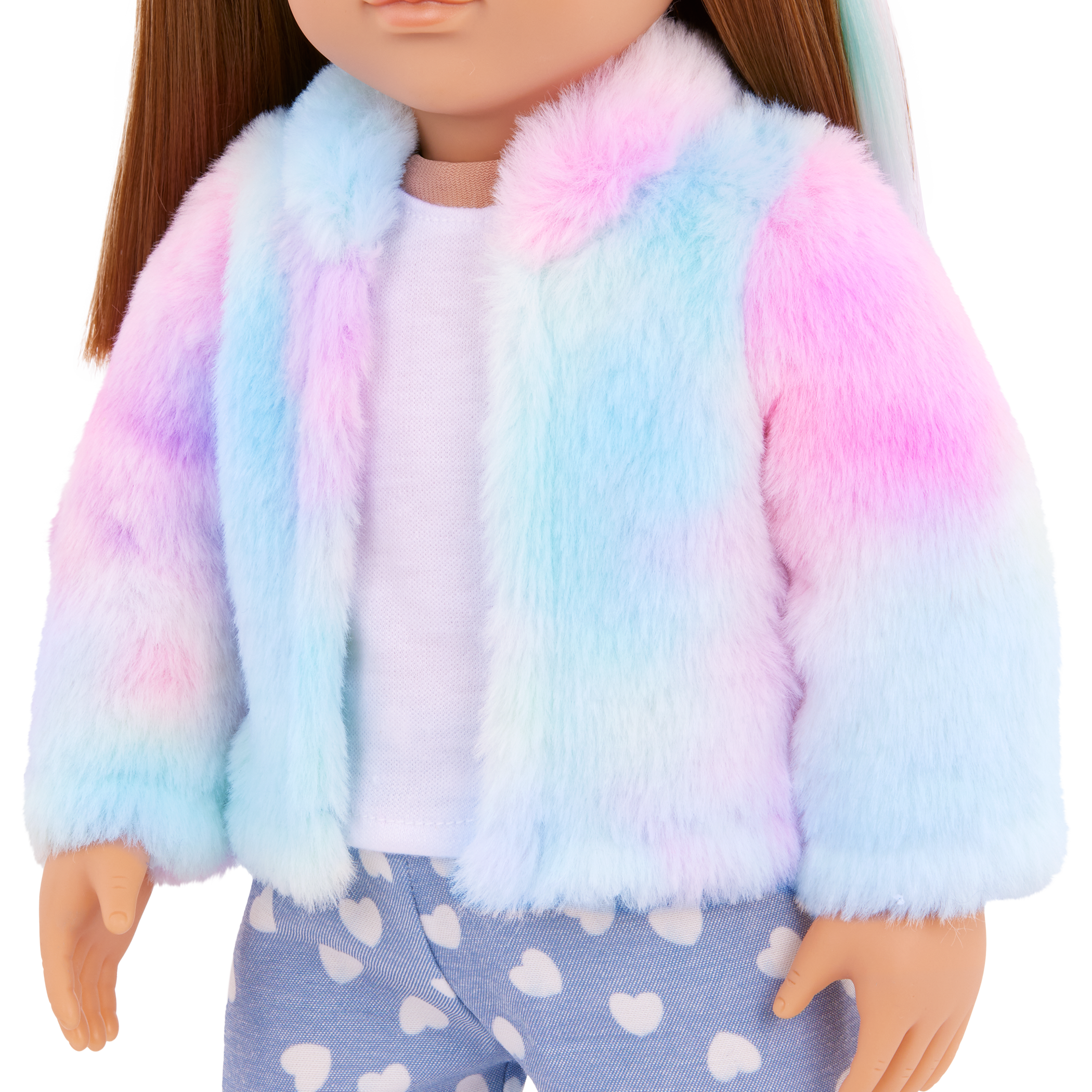 Our Generation Skylar & Bow playset with a 6 inch white pup and 18 inch doll with brown hair and violet eyes