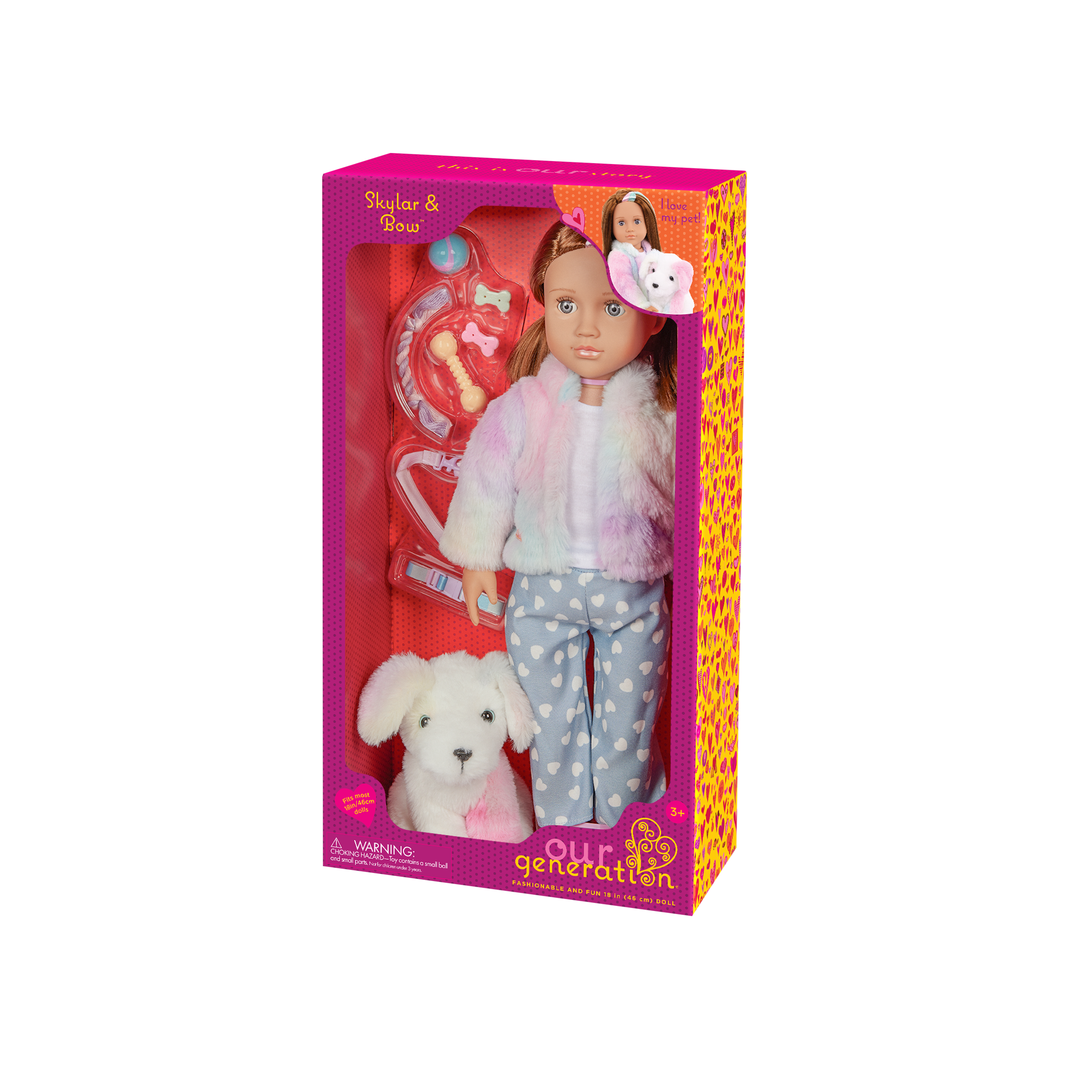 Our Generation Skylar & Bow playset with a 6 inch white pup and 18 inch doll with brown hair and violet eyes