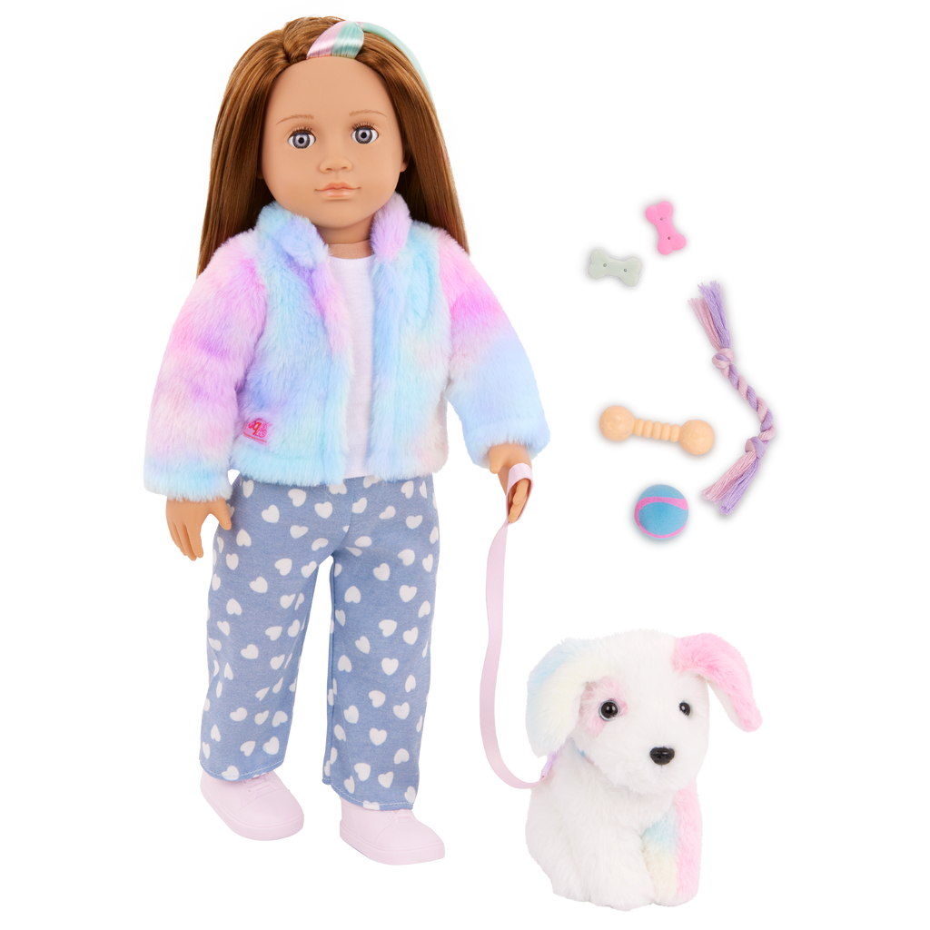 Our Generation Skylar & Bow playset with a 6 inch white pup and 18 inch doll with brown hair and violet eyes