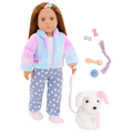 Our Generation Skylar & Bow playset with a 6 inch white pup and 18 inch doll with brown hair and violet eyes