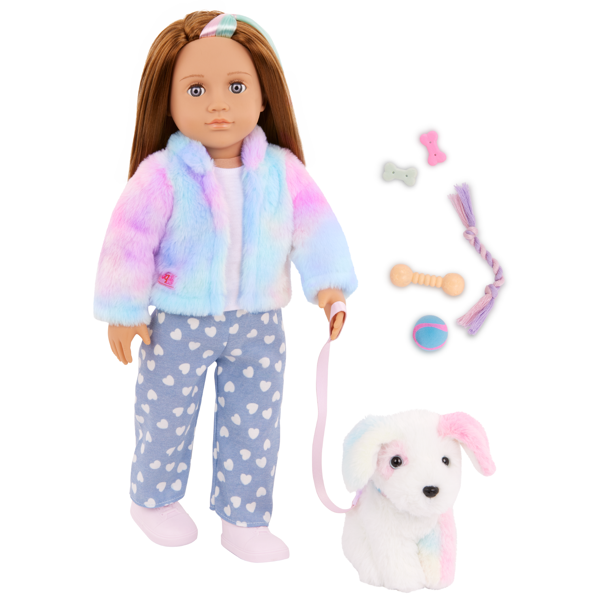 Our Generation Skylar & Bow playset with a 6 inch white pup and 18 inch doll with brown hair and violet eyes