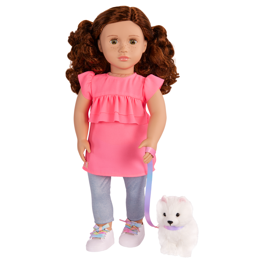 Our Generation Becca & Pearl playset with a 6 inch white pup and 18 inch doll with brown hair and hazel eyes
