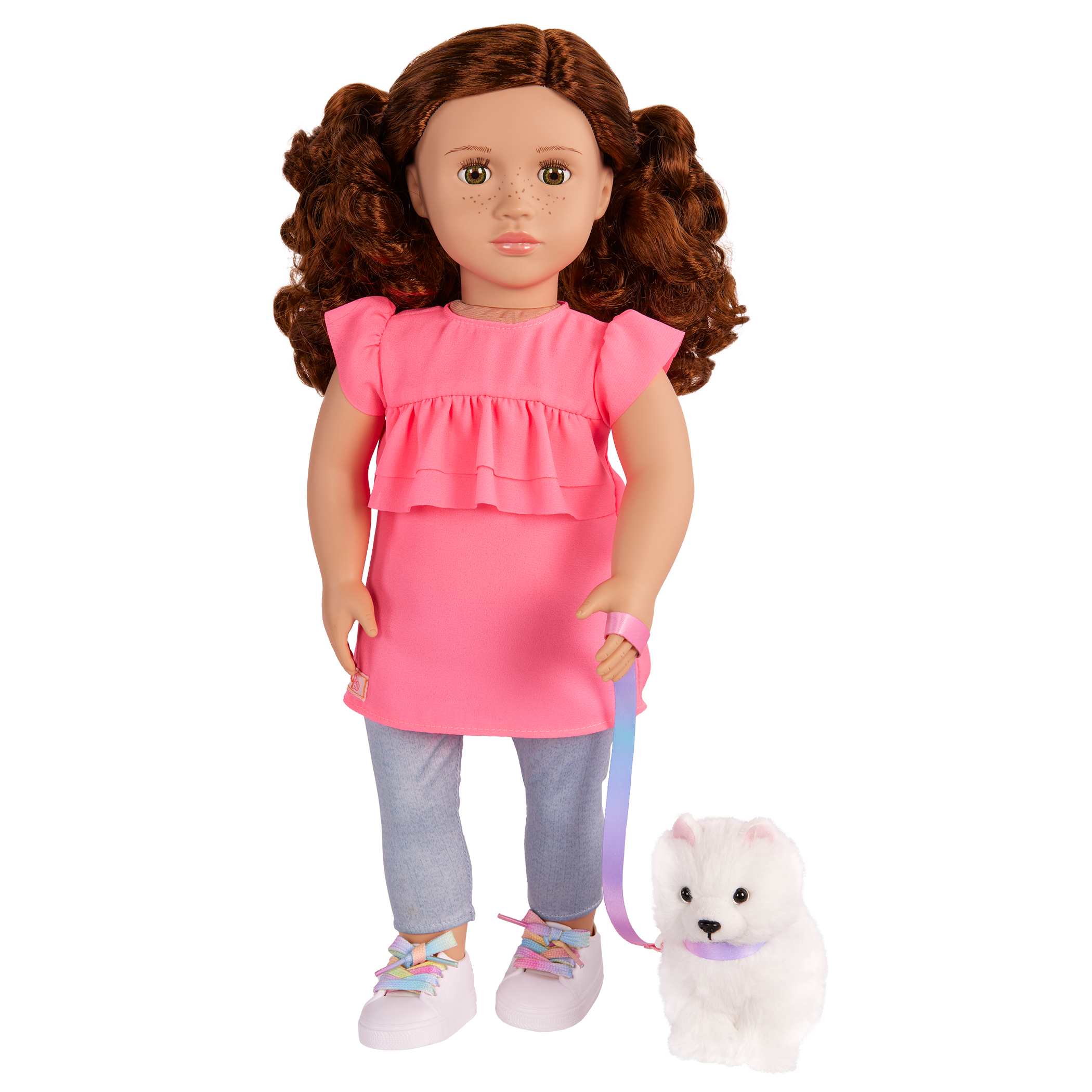 Our Generation Becca & Pearl playset with a 6 inch white pup and 18 inch doll with brown hair and hazel eyes
