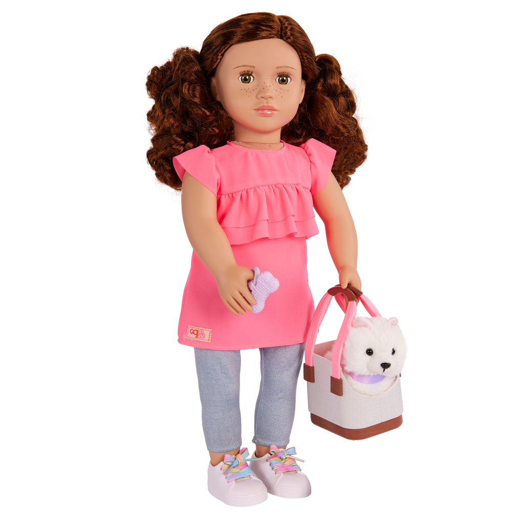 Our Generation Becca & Pearl playset with a 6 inch white pup and 18 inch doll with brown hair and hazel eyes