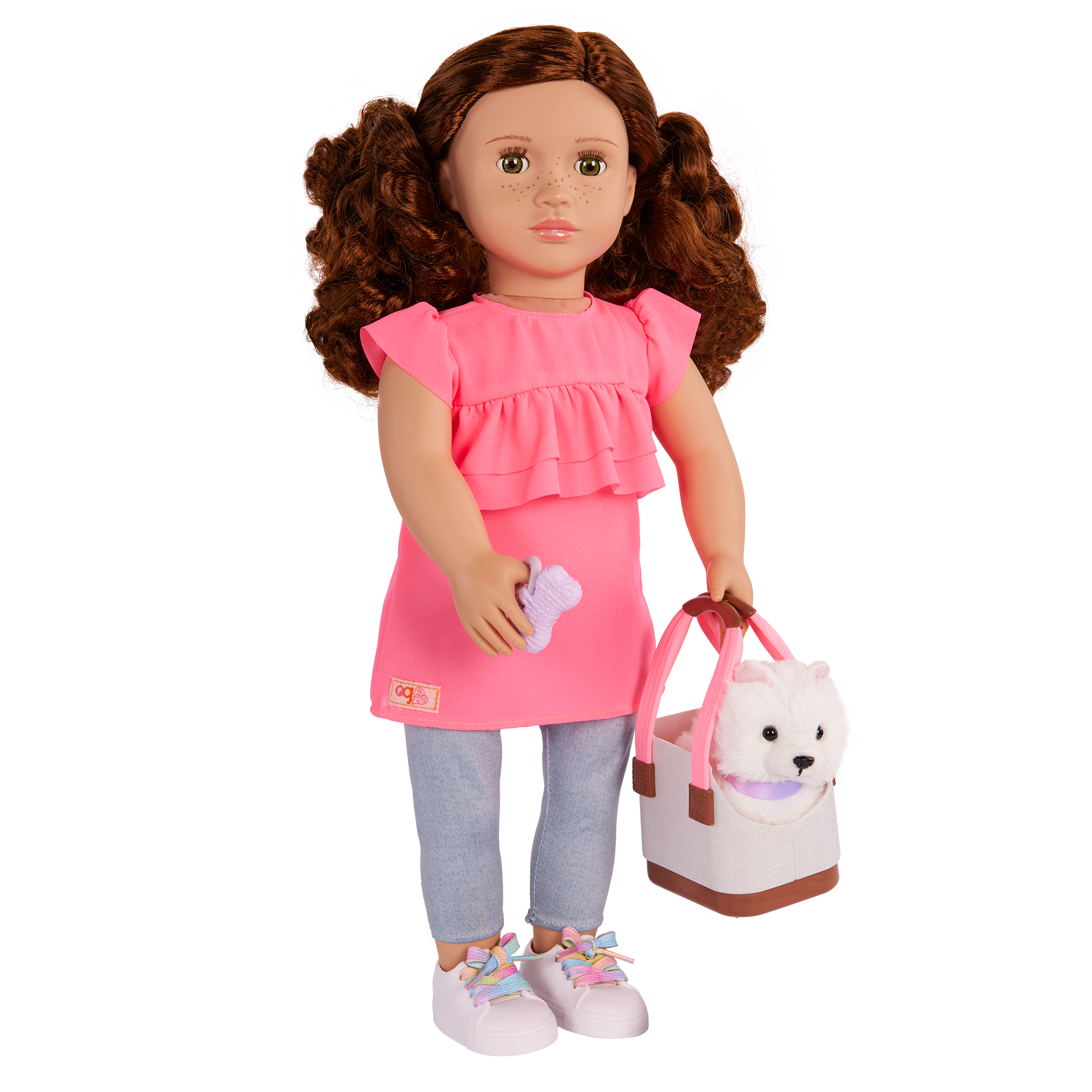 Our Generation Becca & Pearl playset with a 6 inch white pup and 18 inch doll with brown hair and hazel eyes