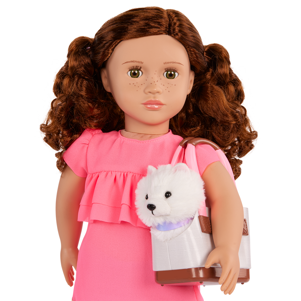 Our Generation Becca & Pearl playset with a 6 inch white pup and 18 inch doll with brown hair and hazel eyes