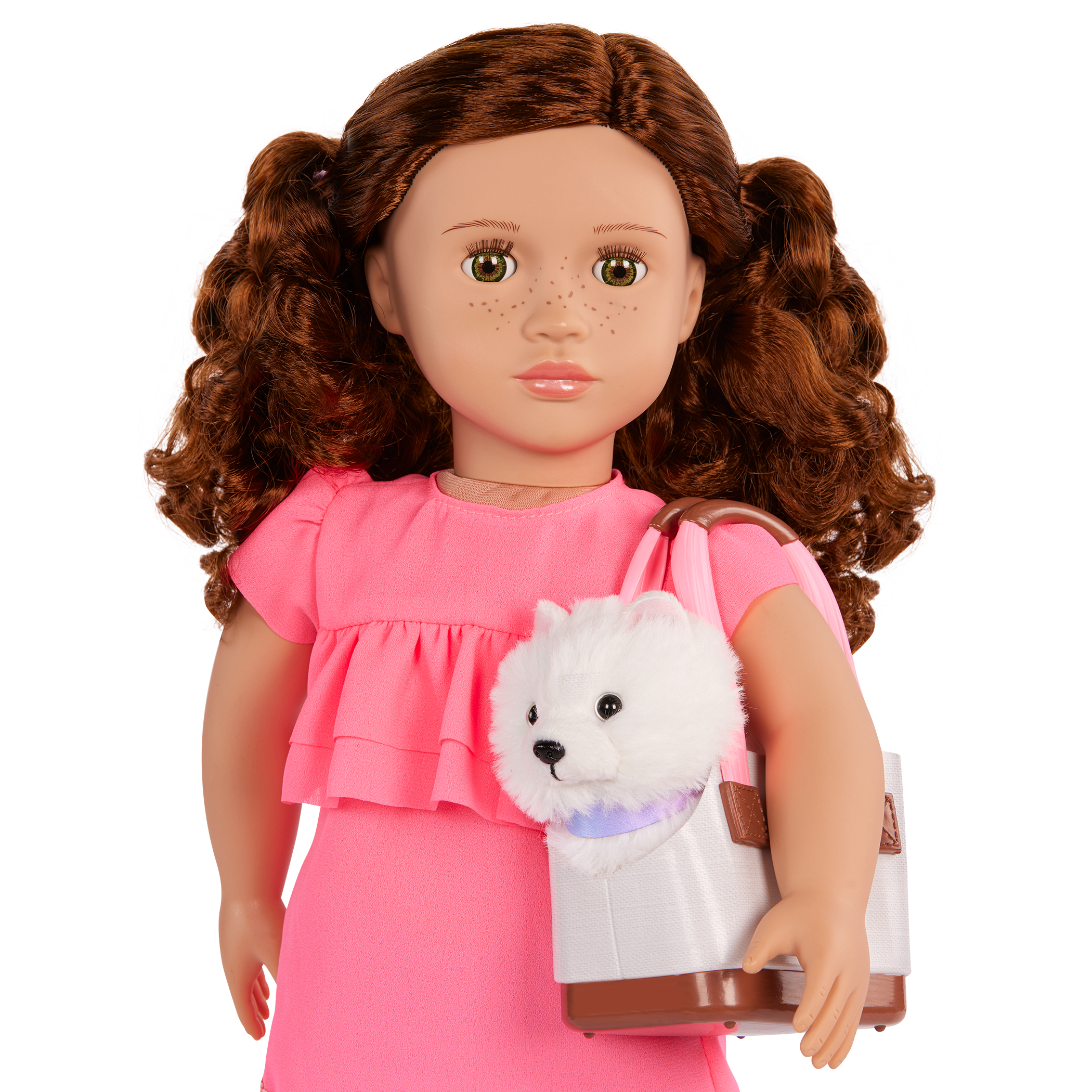 Our Generation Becca & Pearl playset with a 6 inch white pup and 18 inch doll with brown hair and hazel eyes