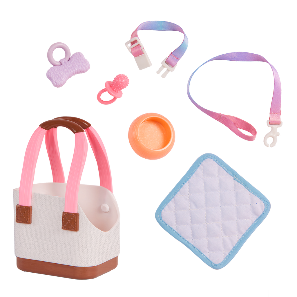 Our Generation Becca & Pearl playset with a 6 inch white pup and 18 inch doll with brown hair and hazel eyes