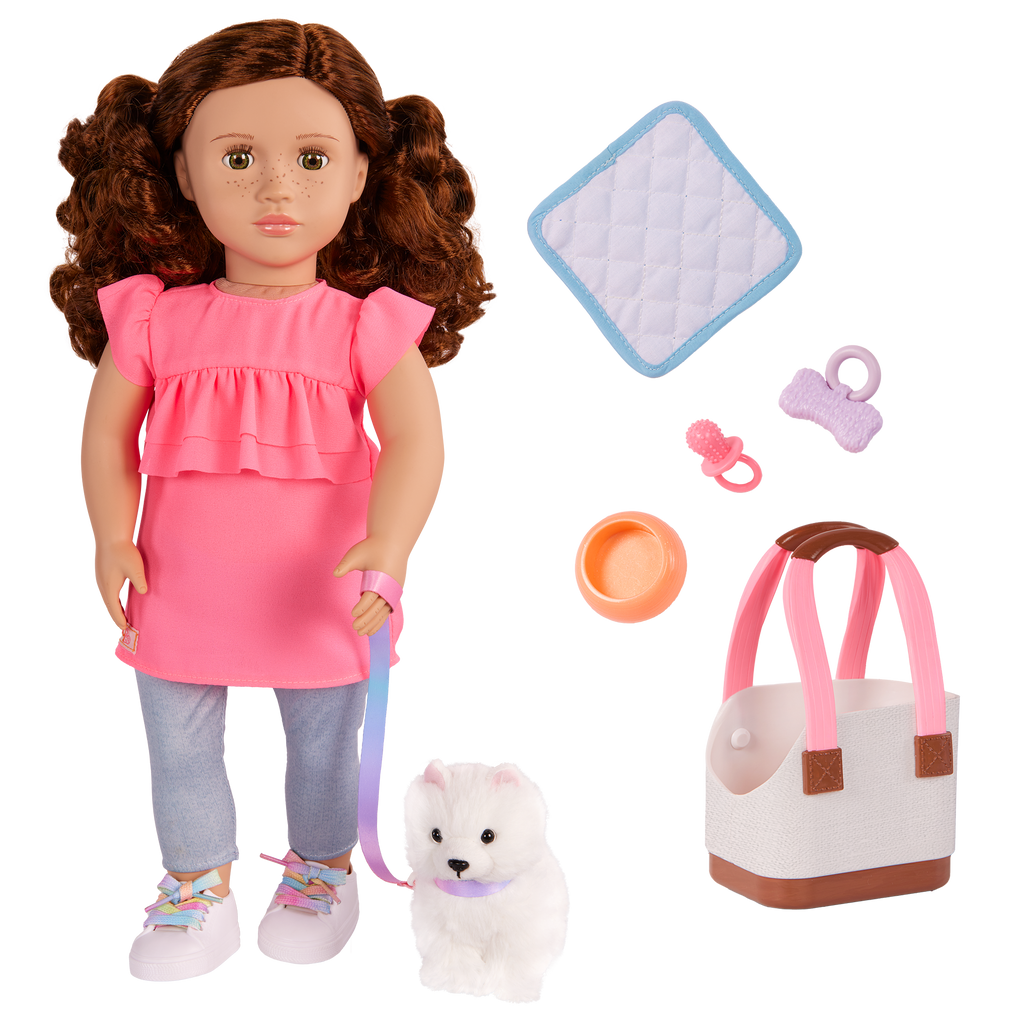 Our Generation Becca & Pearl playset with a 6 inch white pup and 18 inch doll with brown hair and hazel eyes