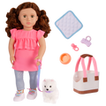 Our Generation Becca & Pearl playset with a 6 inch white pup and 18 inch doll with brown hair and hazel eyes