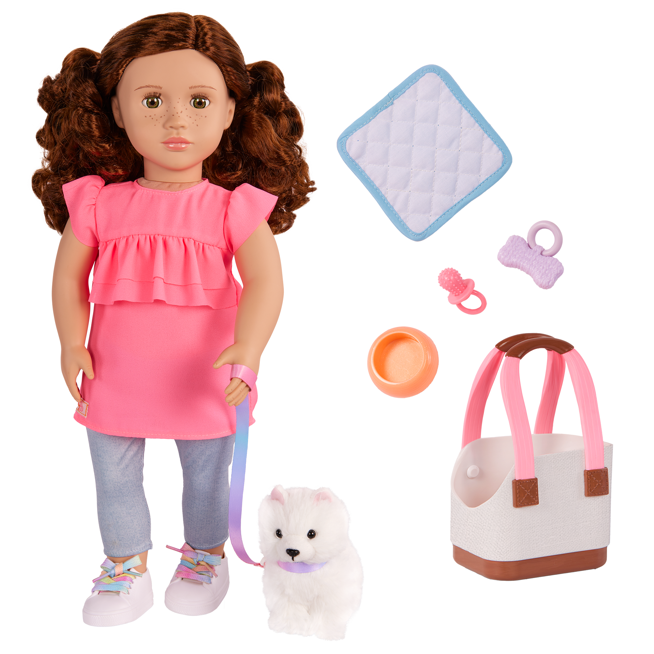 Our Generation Becca & Pearl playset with a 6 inch white pup and 18 inch doll with brown hair and hazel eyes