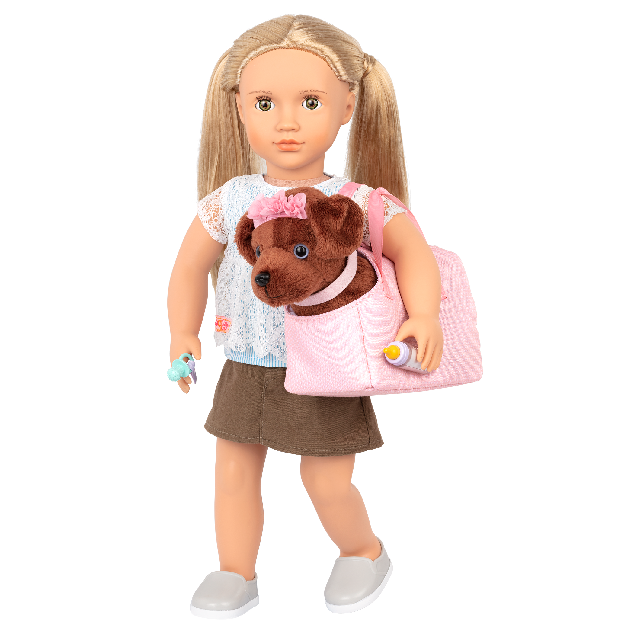 18-inch doll and dog plushie using pet care playset