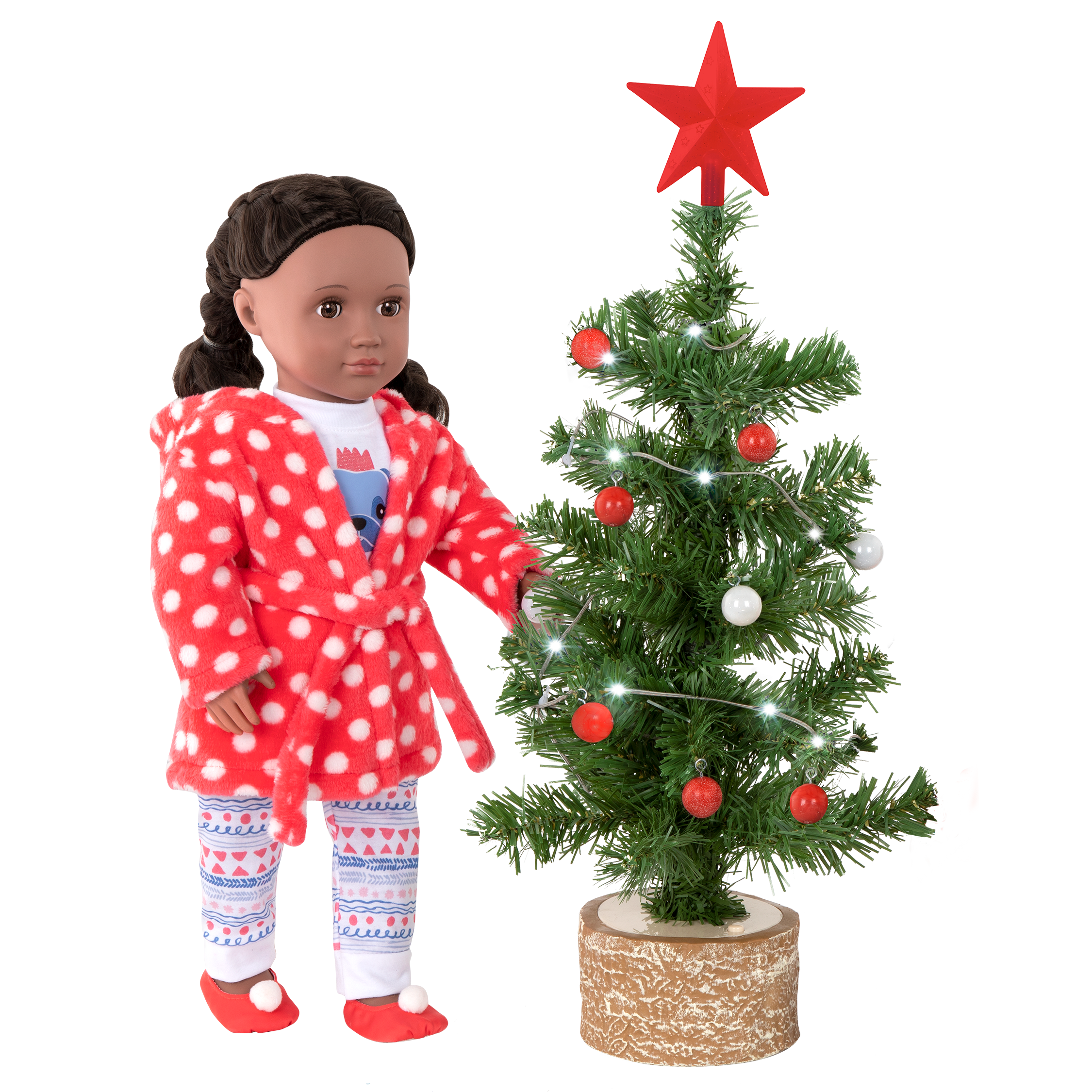 Toy Christmas tree with lights, ornaments and star