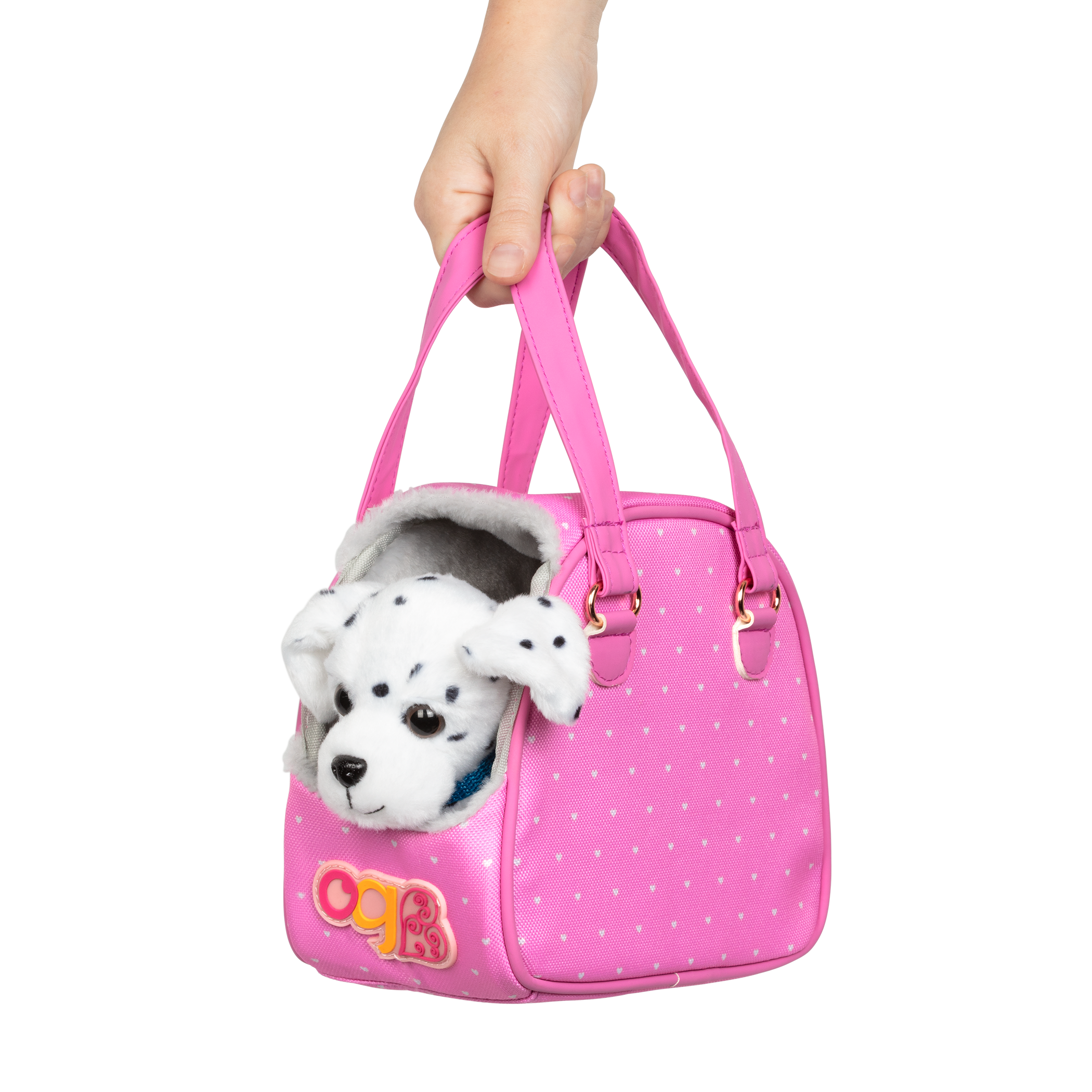 Dalmatian dog plushie in pet carrier
