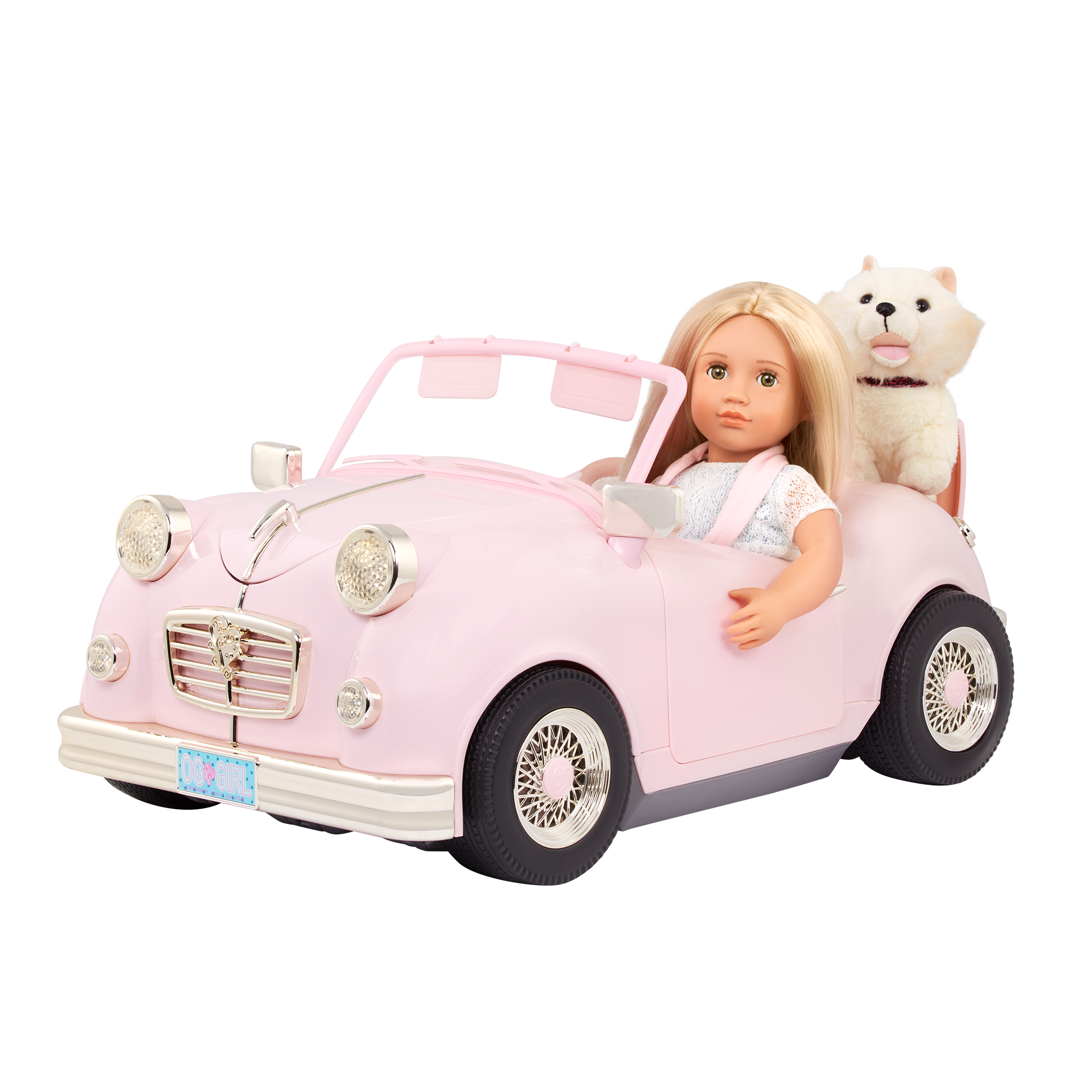 A pink and gold toy convertible car with a 18-inch doll and a stuffed animal inside, designed for play.