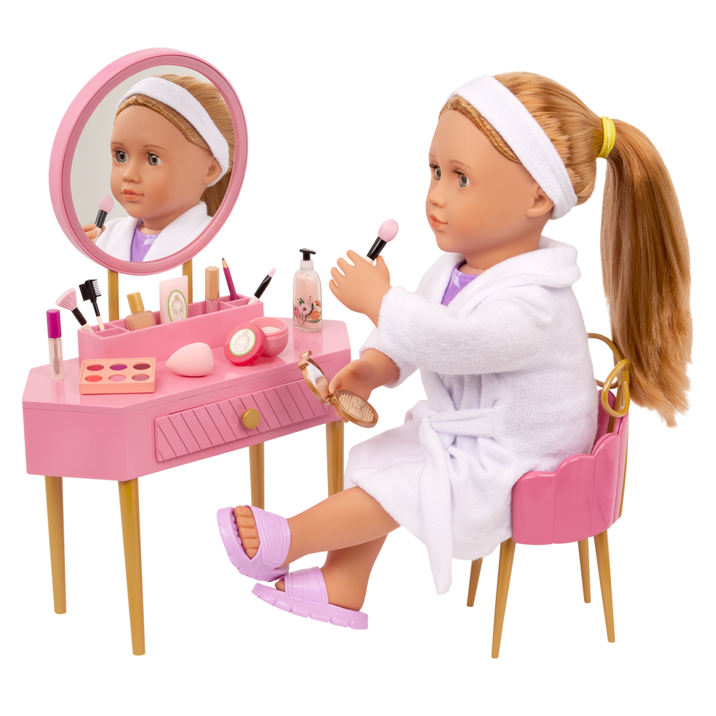 Our Generation Fabulous Fun Vanity Set for 18-inch Dolls including vanity table and chair, makeup and skin care