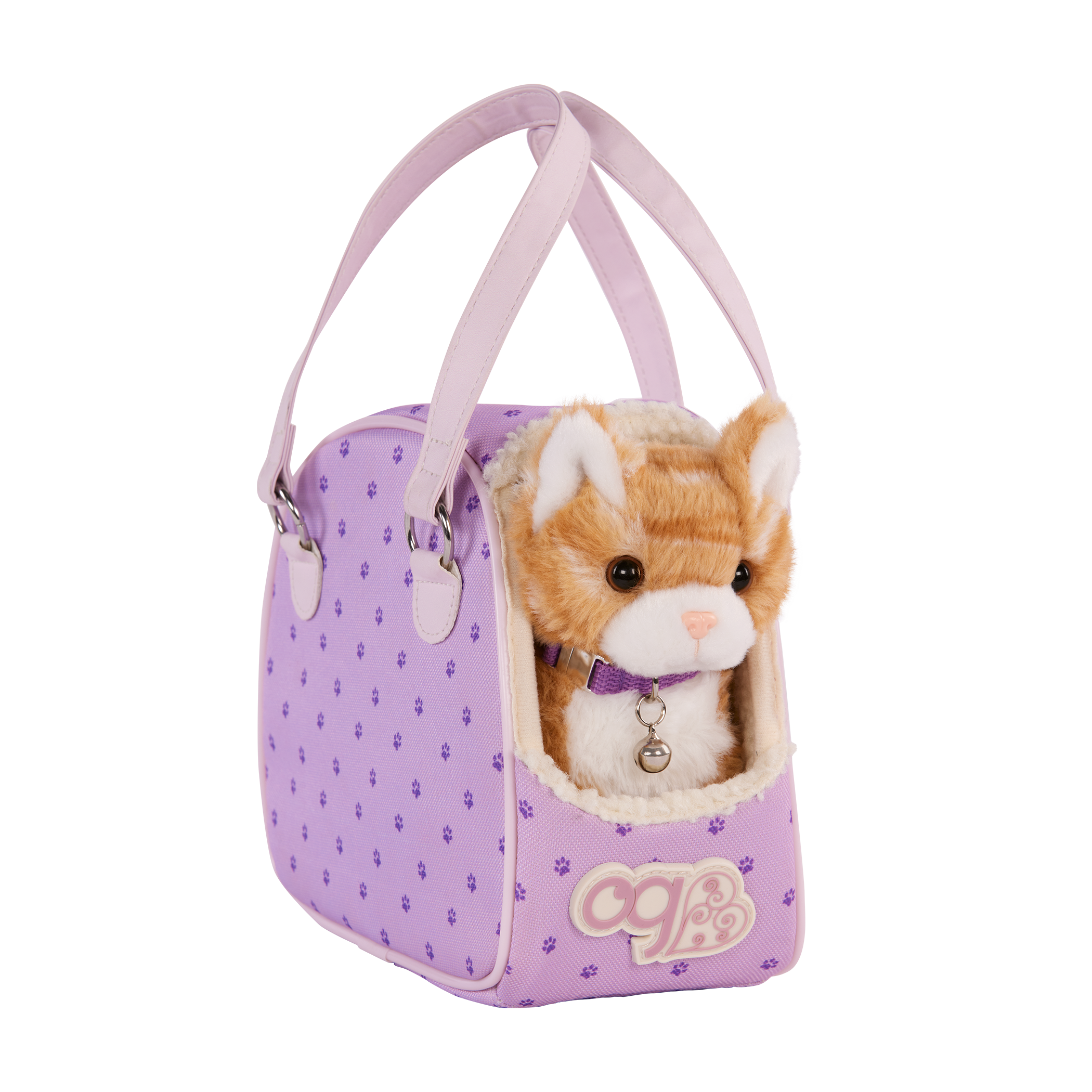 Our Generation Hop In Cat Carrier playset with a 6 inch orange cat