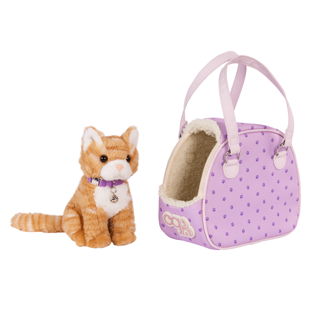 Our Generation Hop In Cat Carrier playset with a 6 inch orange cat