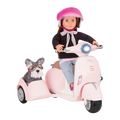 Sabina and Pup riding in Ride Along Scooter with Sidecar