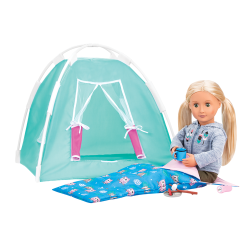 Ginger sitting in sleeping bag