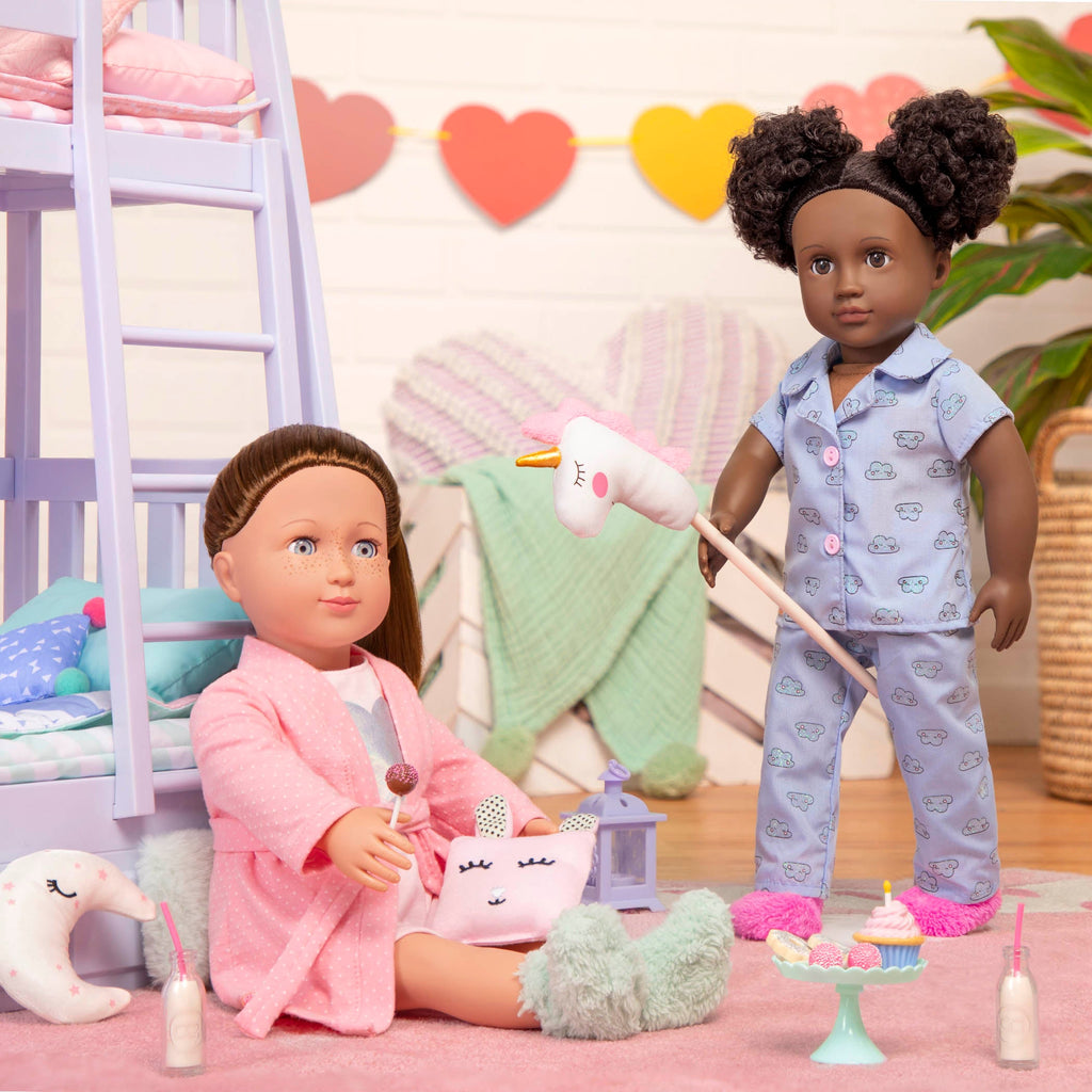 Two 18-inch dolls with slumber party playset