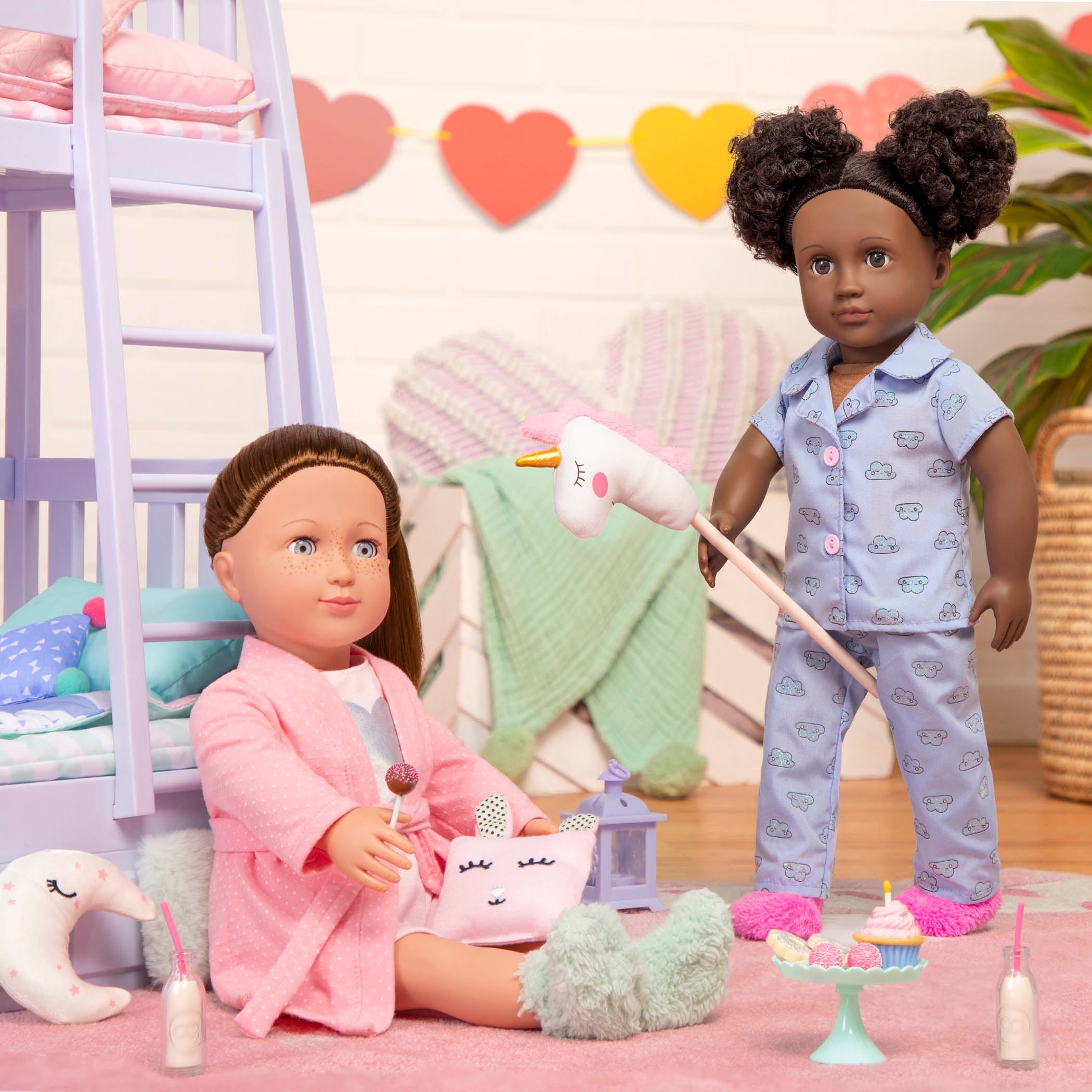 Two 18-inch dolls with slumber party playset