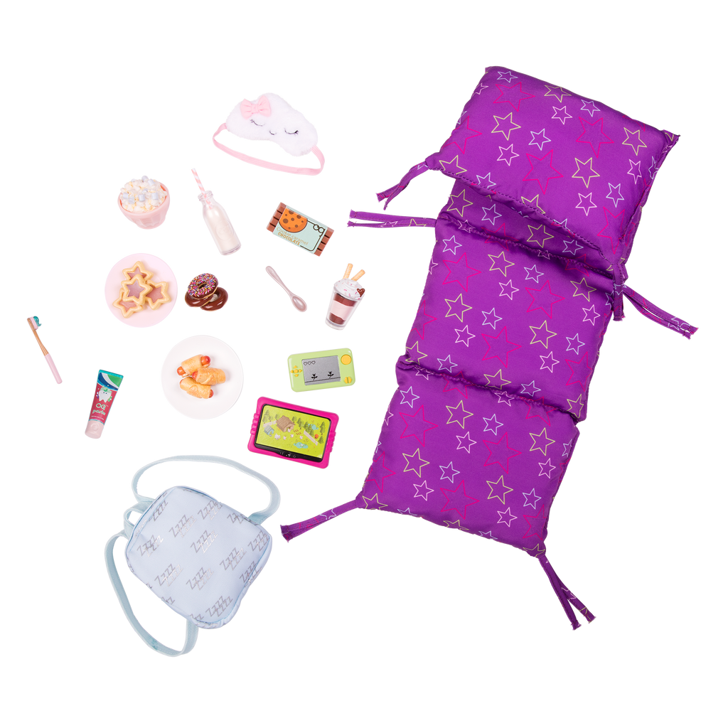 18-inch doll with sleepover playset