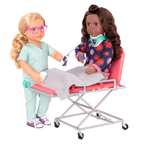 Two 18-inch dolls using ambulance gurney