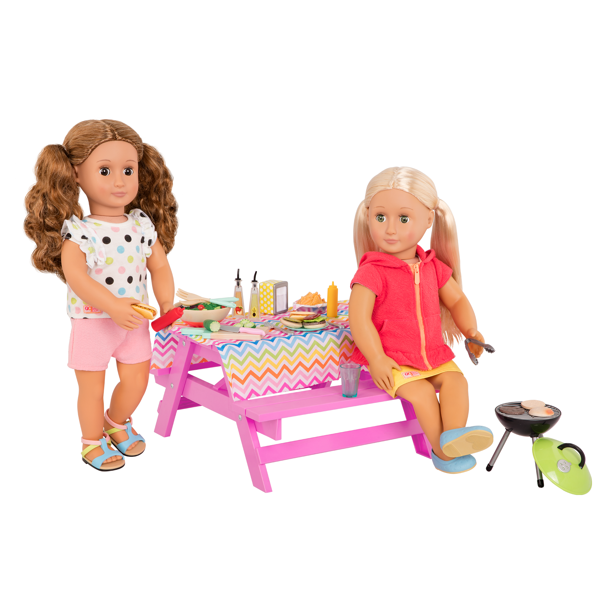 Two 18-inch dolls with picnic table playset