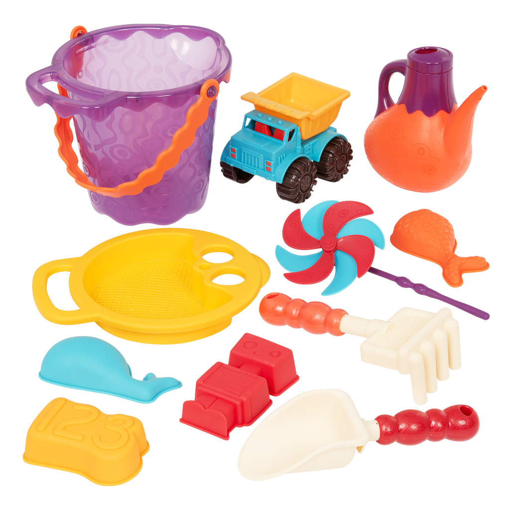 Beach toys with purple bucket.