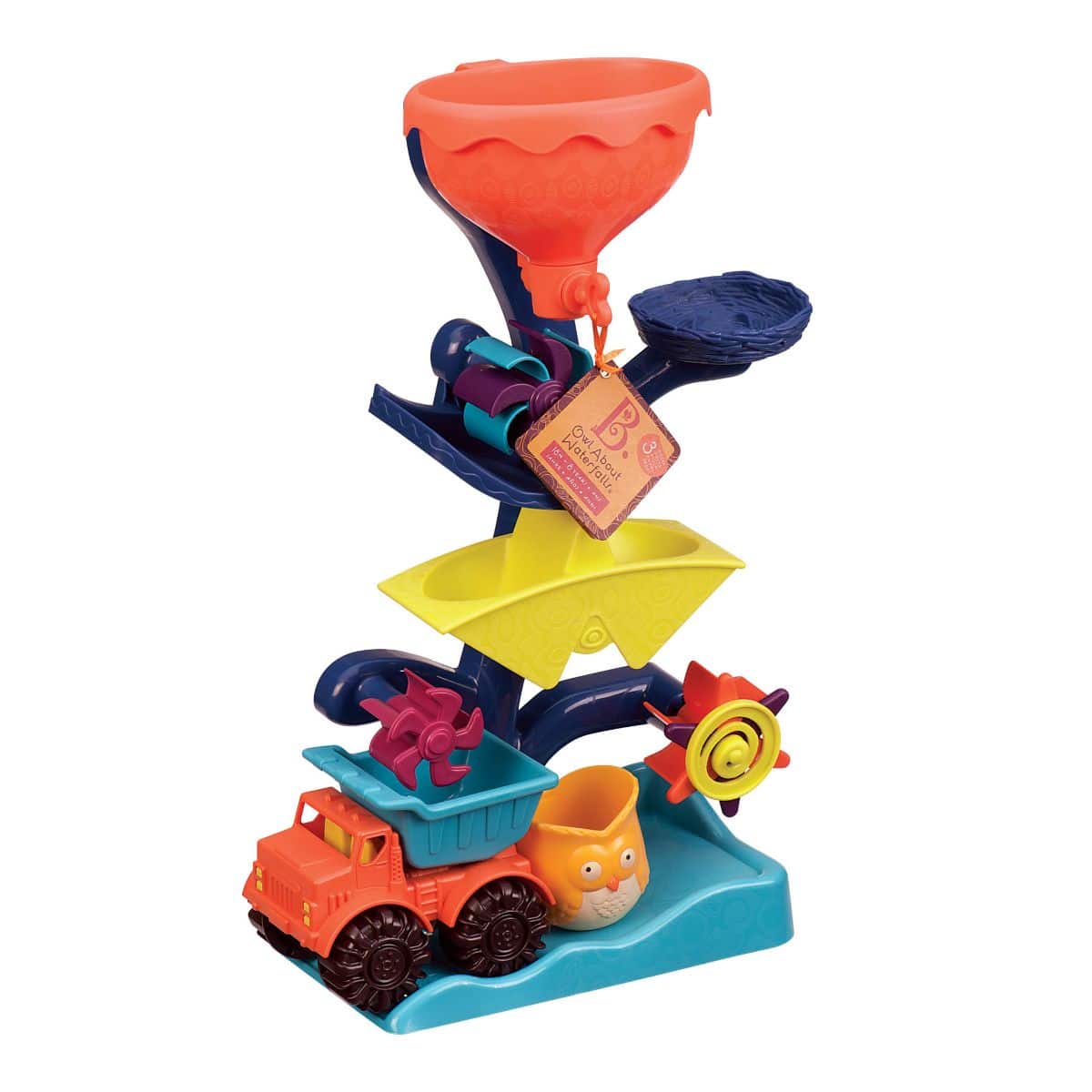 Water wheel toy with owl and truck.