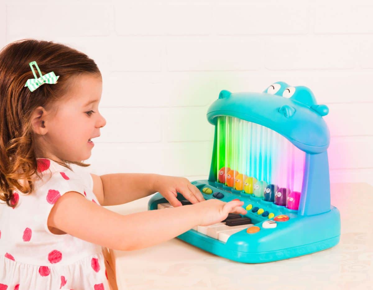 Hippo-shaped play piano for kids with 8 colourful birds.