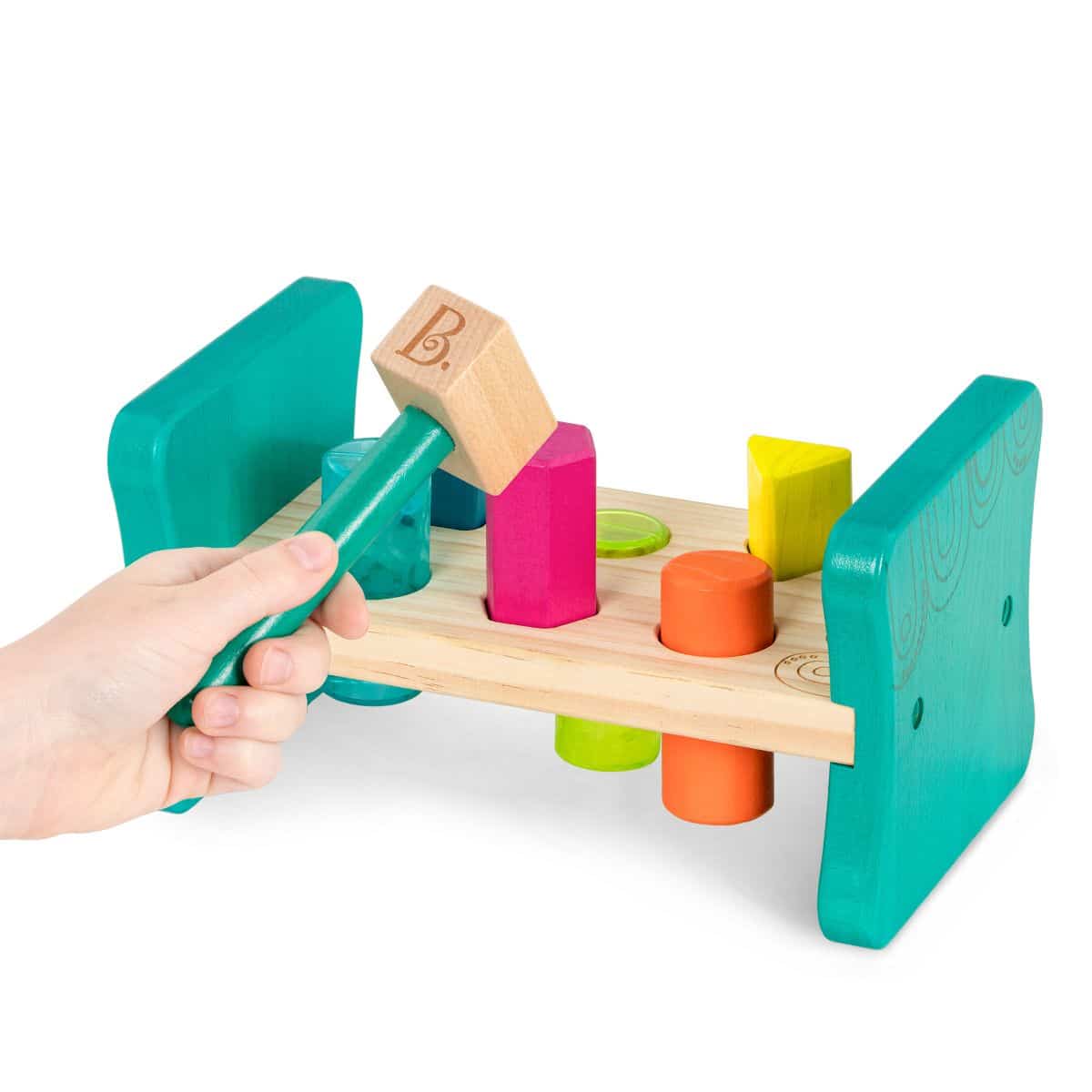 Shape sorter bench with hammer.