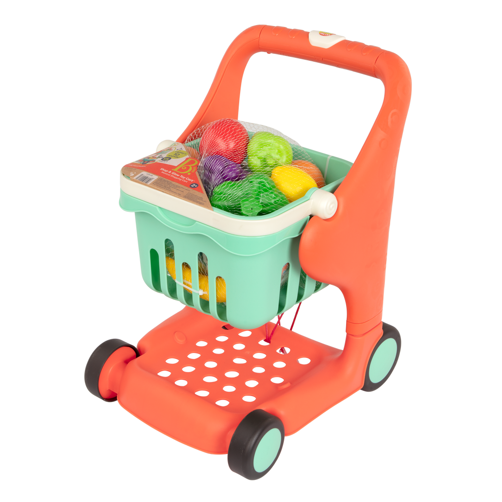 Toy shopping cart with play food.