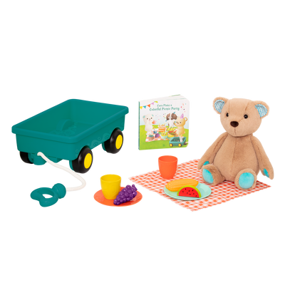Plush bear with picnic playset and book.